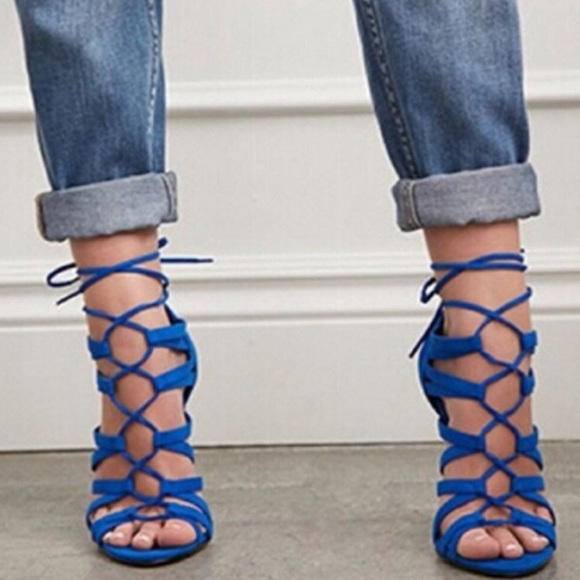 Blue Lace Up Sandal Heels - Picture 2 of 6